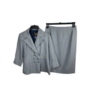T Milano Blue Gray Small Chevron Skirt Suit 3/4 Sleeve Blazer Full Skirt 6 NWT
